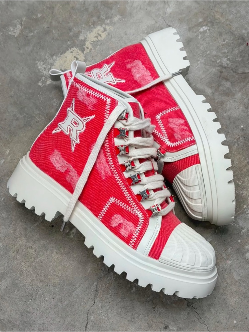 Men's Red High-Top Chunky Sole Boots - Casual Lace-Up